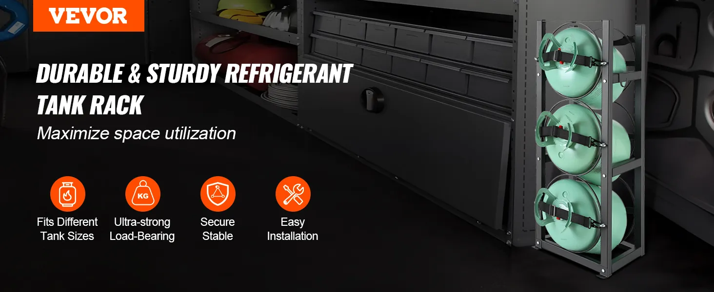 Supporto per bombole di refrigerante VEVOR contenente bombole verdi con testo che sottolinea la durevolezza e l'utilizzo dello spazio.