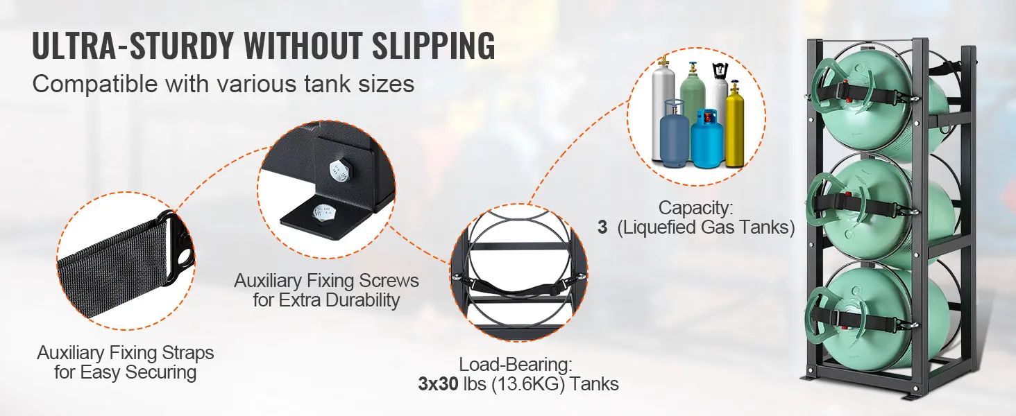 VEVOR refrigerant tank rack with auxiliary fixing straps, screws, and 3 liquefied gas tanks.