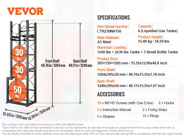 VEVOR refrigerant tank rack with dimensions, capacity, and accessories listed in detail.