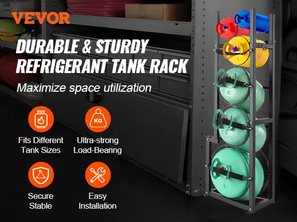 VEVOR refrigerant tank rack maximizes space with secure, load-bearing storage for various tank sizes.