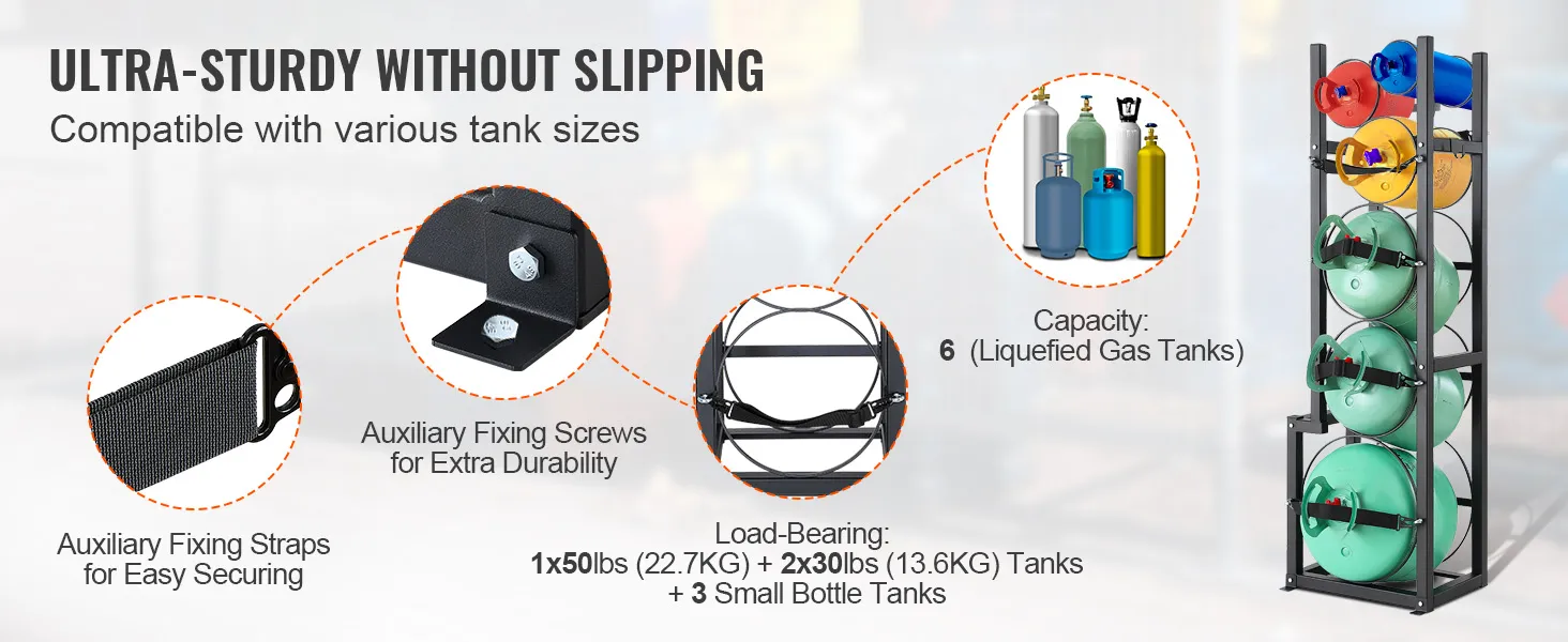 VEVOR refrigerant tank rack securely holds up to 6 tanks with auxiliary fixing straps and screws for extra durability.