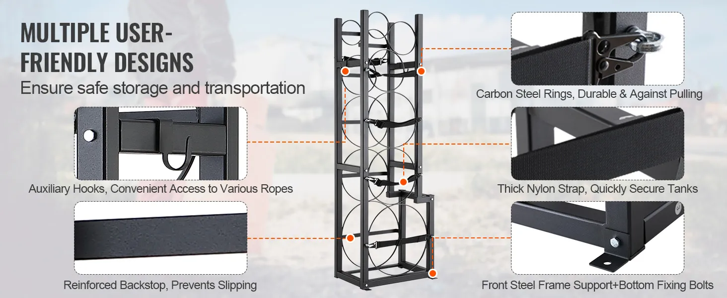 VEVOR refrigerant tank rack with carbon steel rings, thick nylon straps, and auxiliary hooks.