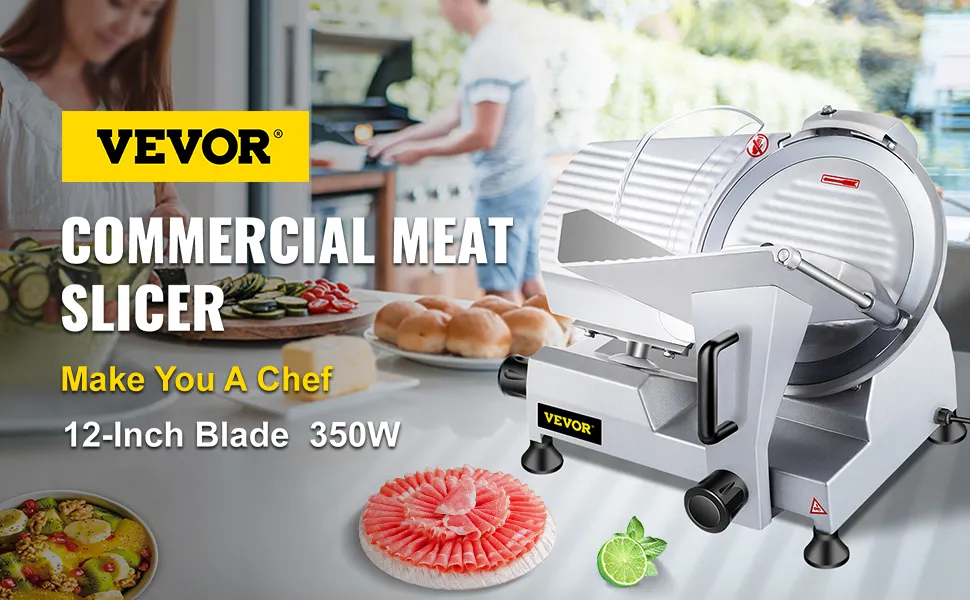 Cortadora de carne comercial VEVOR con cuchilla de 12 pulgadas, 350w, ideal para uso en cocina.