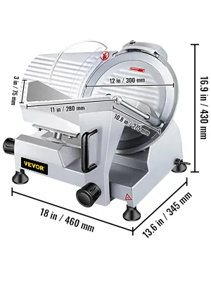 Cortadora de carne comercial VEVOR con dimensiones de cuchilla y base.
