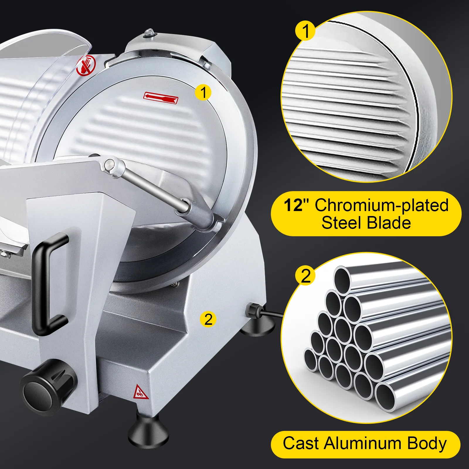 Cortadora de carne comercial VEVOR con hoja de acero cromado de 12" y cuerpo de aluminio fundido.