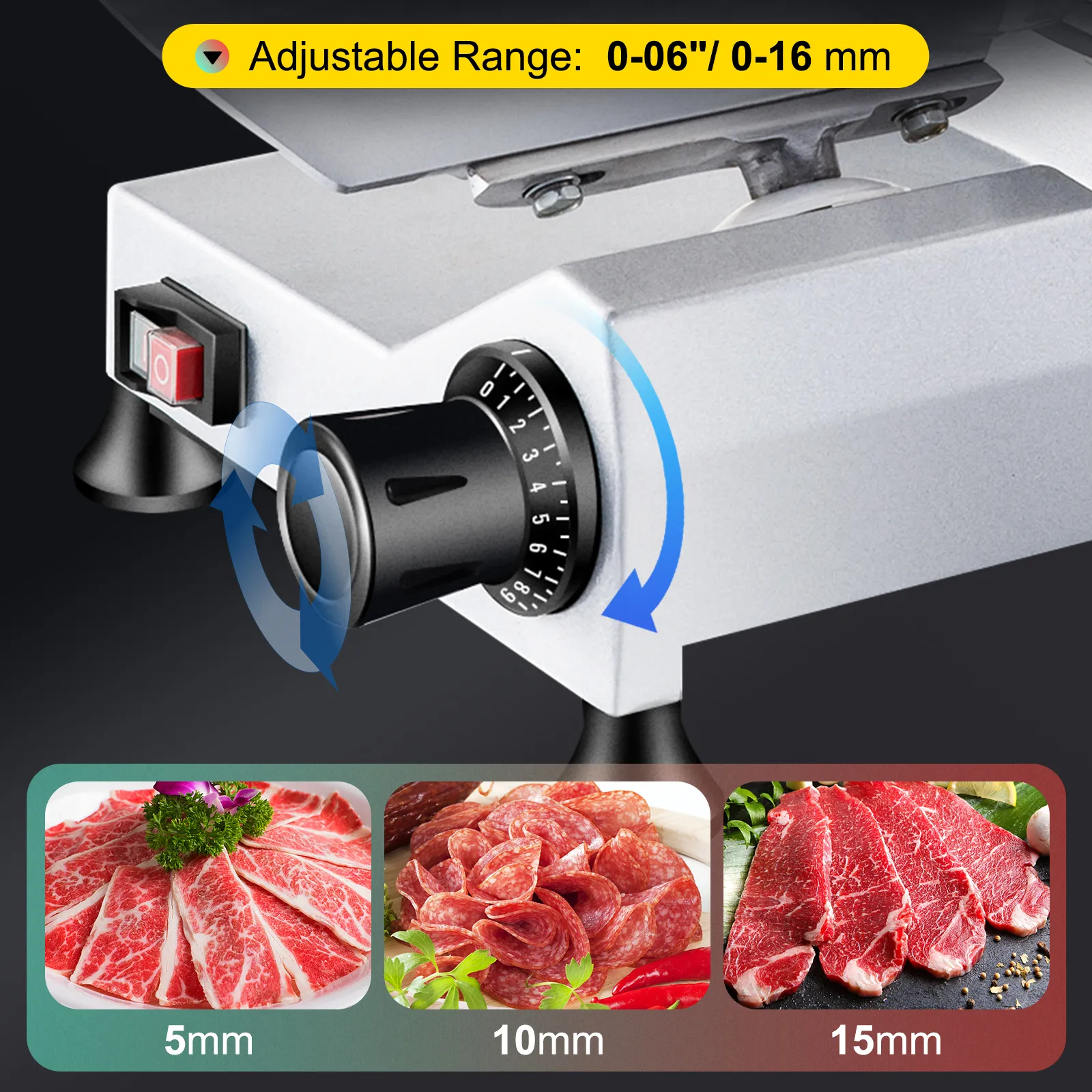 Cortadora de carne comercial VEVOR con dial de grosor ajustable y ejemplos de carne en rodajas.