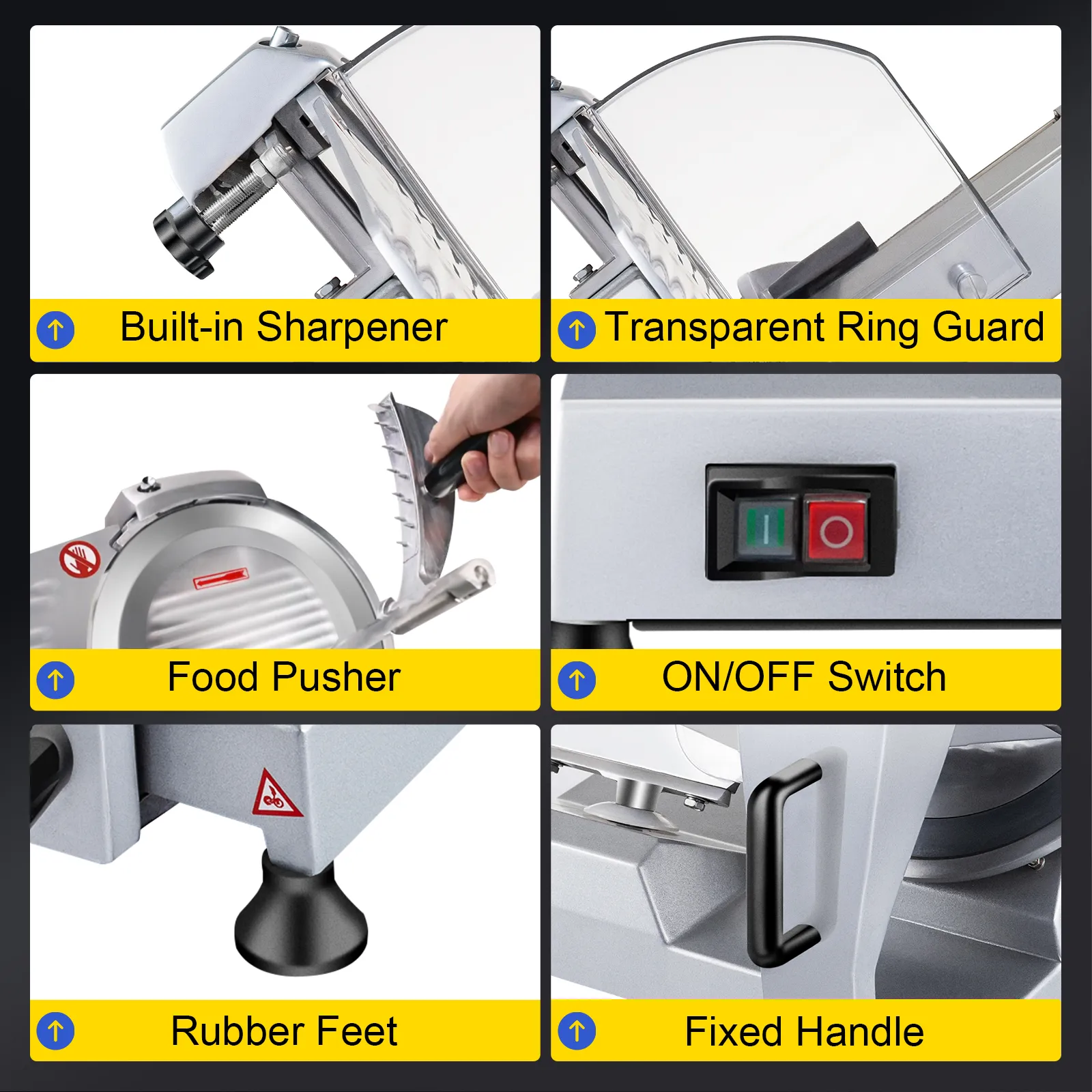 Cortadora de carne comercial VEVOR con afilador incorporado, empujador de alimentos y protector de anillo transparente.