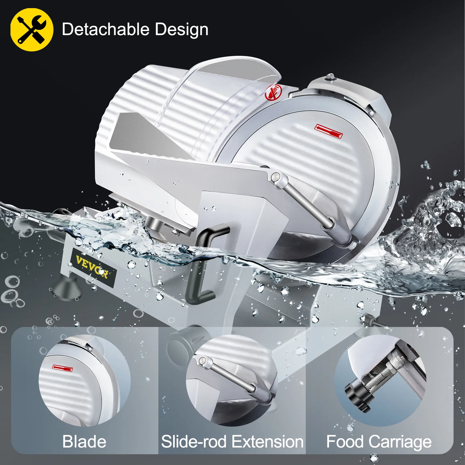 Cortadora de carne comercial VEVOR con diseño desmontable, cuchilla, extensión de varilla deslizante y carro de alimentos.