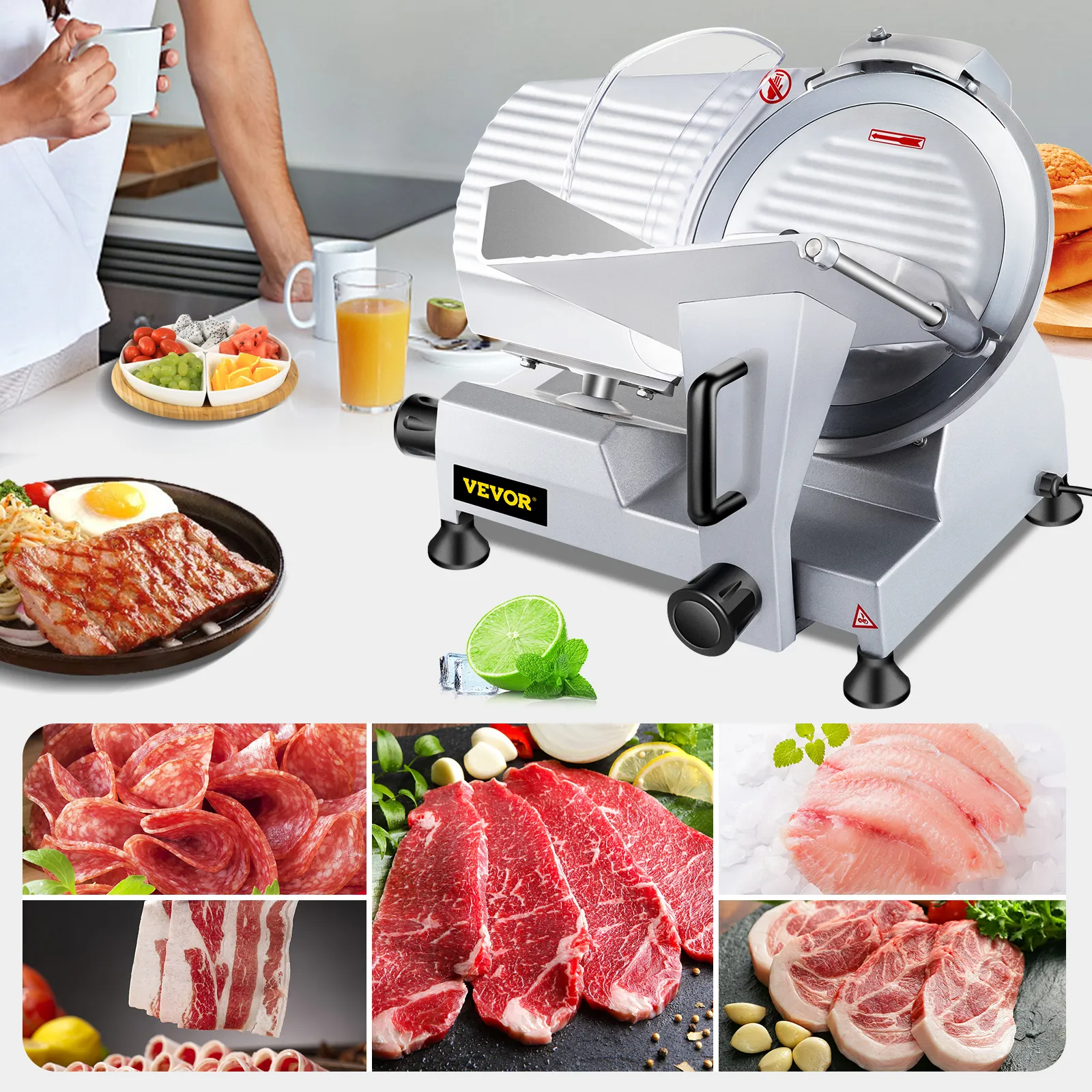 Cortadora de carne comercial VEVOR con diversas carnes cortadas e ingredientes frescos en una cocina.