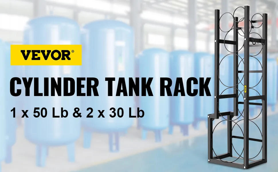 VEVOR refrigerant tank rack and blue tanks in industrial background.