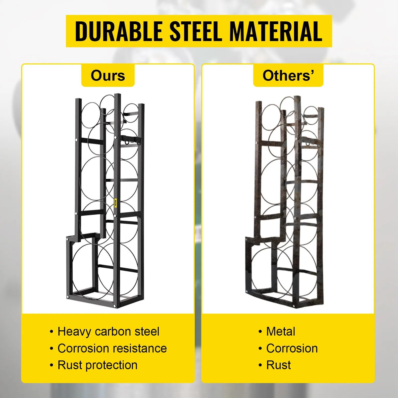 VEVOR refrigerant tank rack comparison with "ours" and "others" labels, durable steel material.
