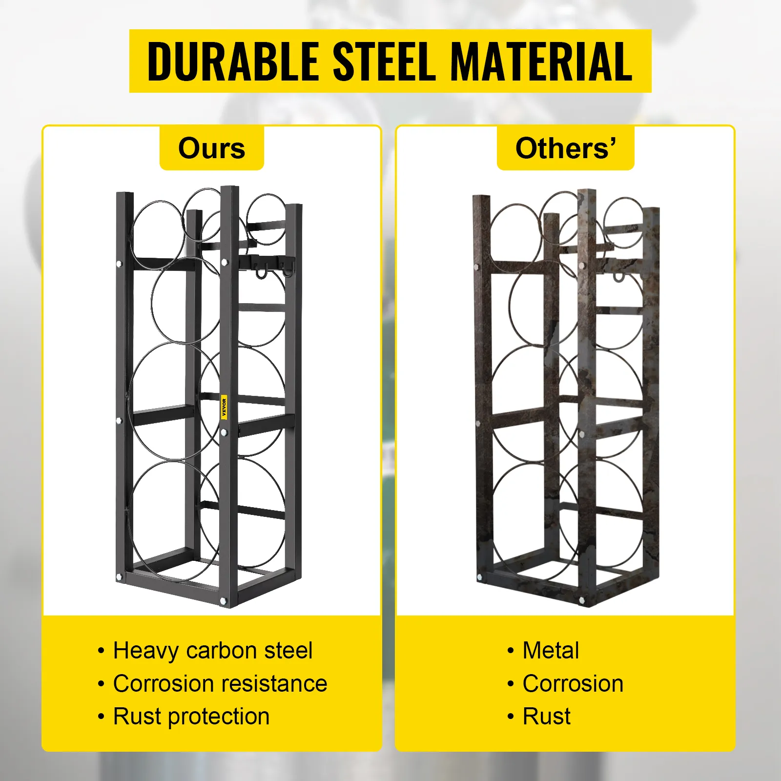 VEVOR refrigerant tank rack comparison showing heavy carbon steel vs rusted metal.
