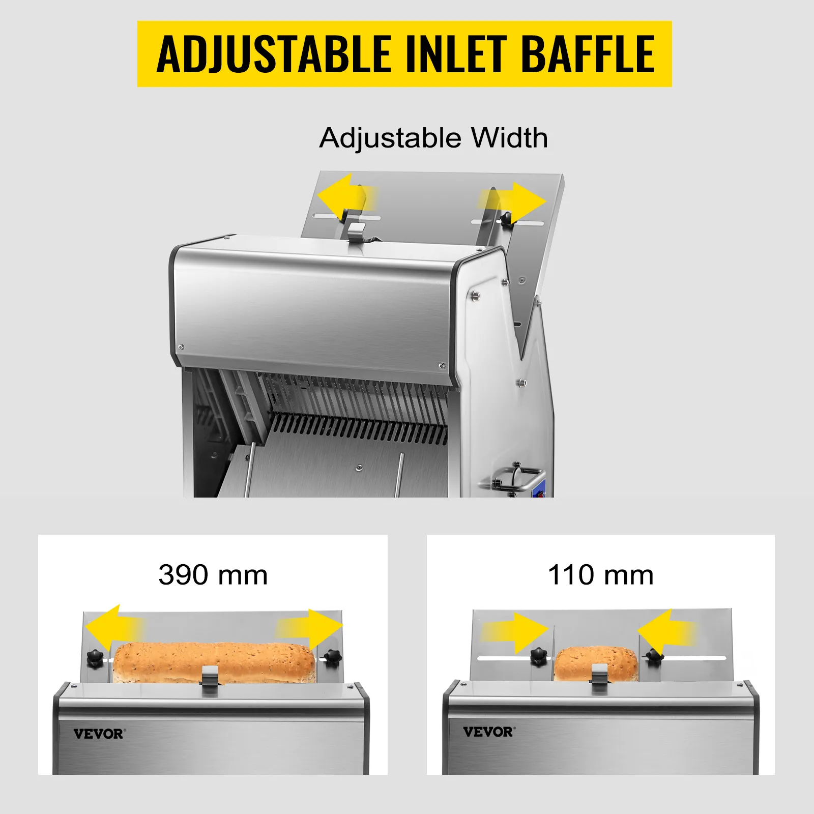 Cortadora de pan VEVOR con deflector de entrada de ancho ajustable para panes de 390 mm a 110 mm.