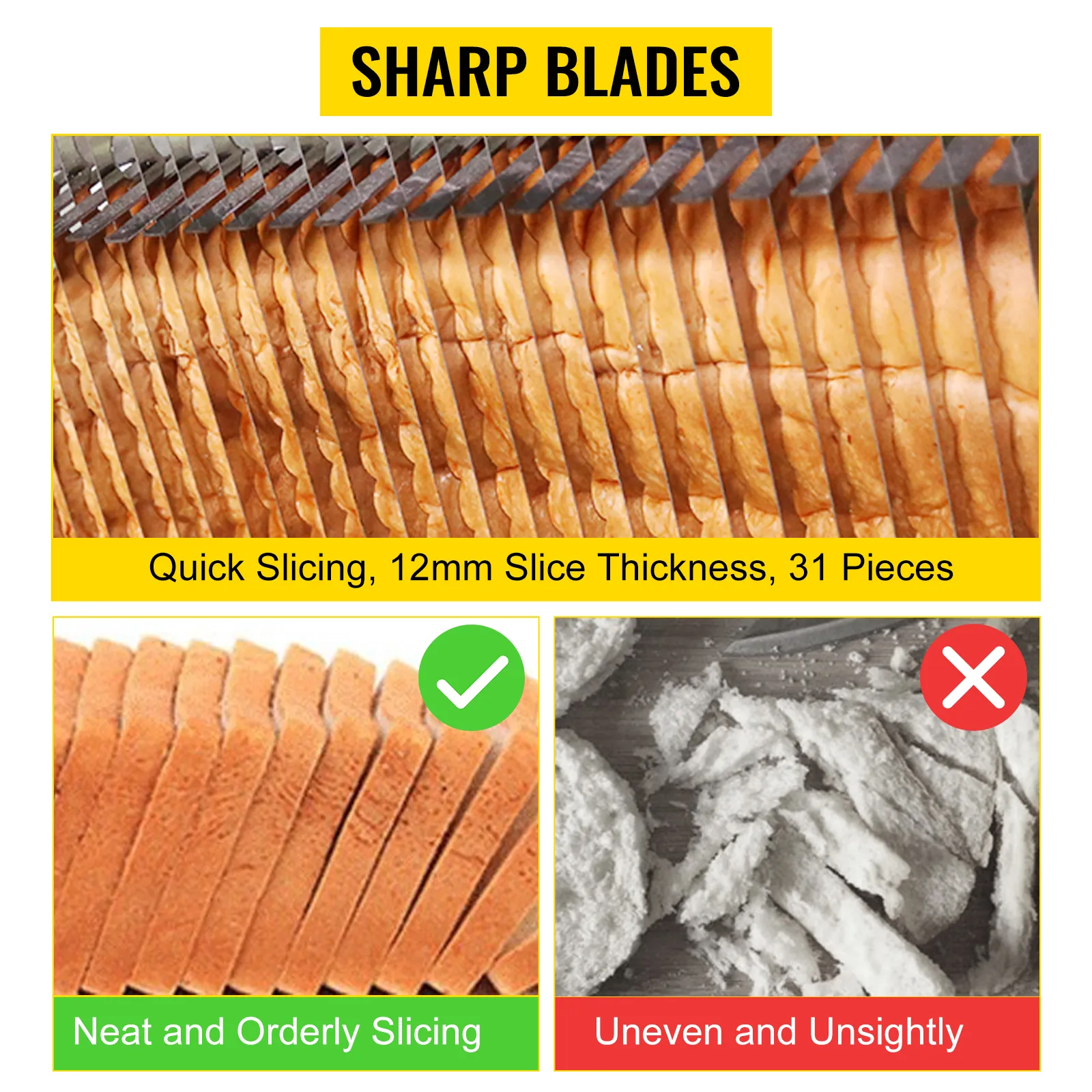 Las cuchillas afiladas garantizan un corte limpio y ordenado con la cortadora de pan VEVOR, grosor de rebanada de 12 mm.
