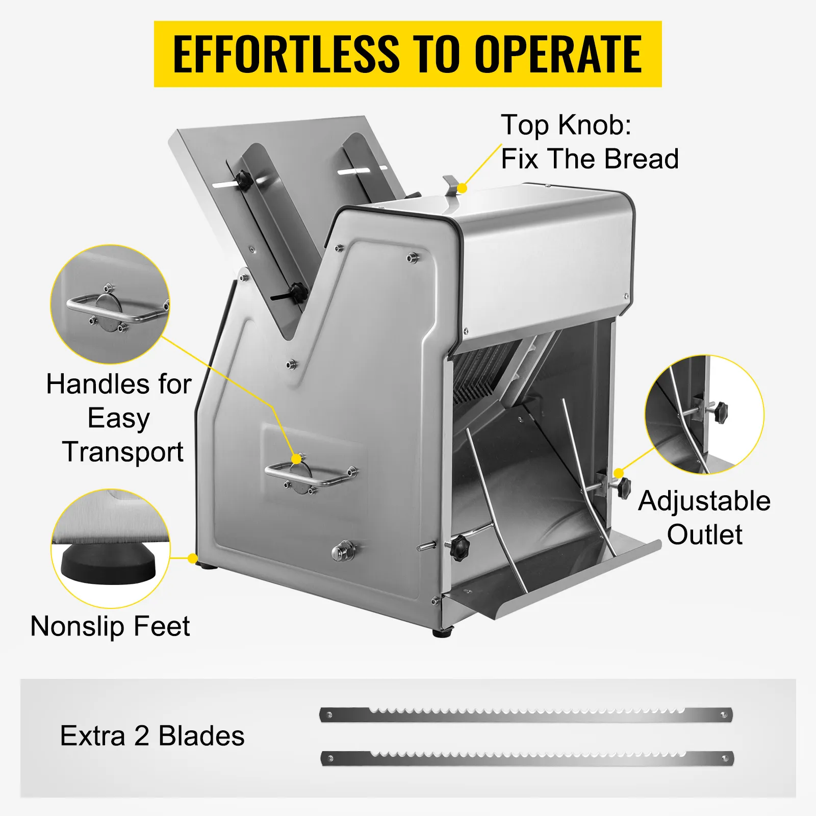 Cortadora de pan VEVOR con perilla superior, asas, patas antideslizantes, salida ajustable y cuchillas adicionales.