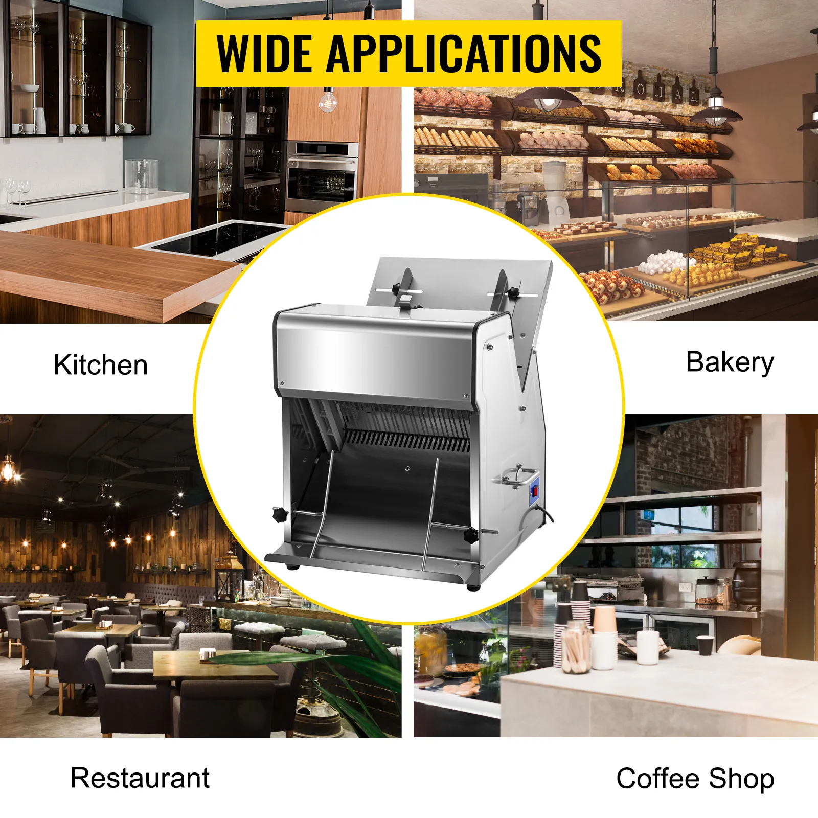 Cortadora de pan VEVOR con amplias aplicaciones para cocina, panadería, restaurante y cafetería.