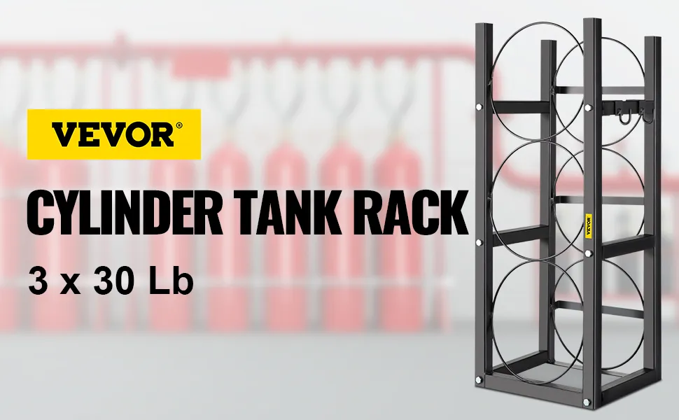Estante para tanque de refrigerante VEVOR para 3 cilindros de 30 lb en color negro con tanques rojos en el fondo.