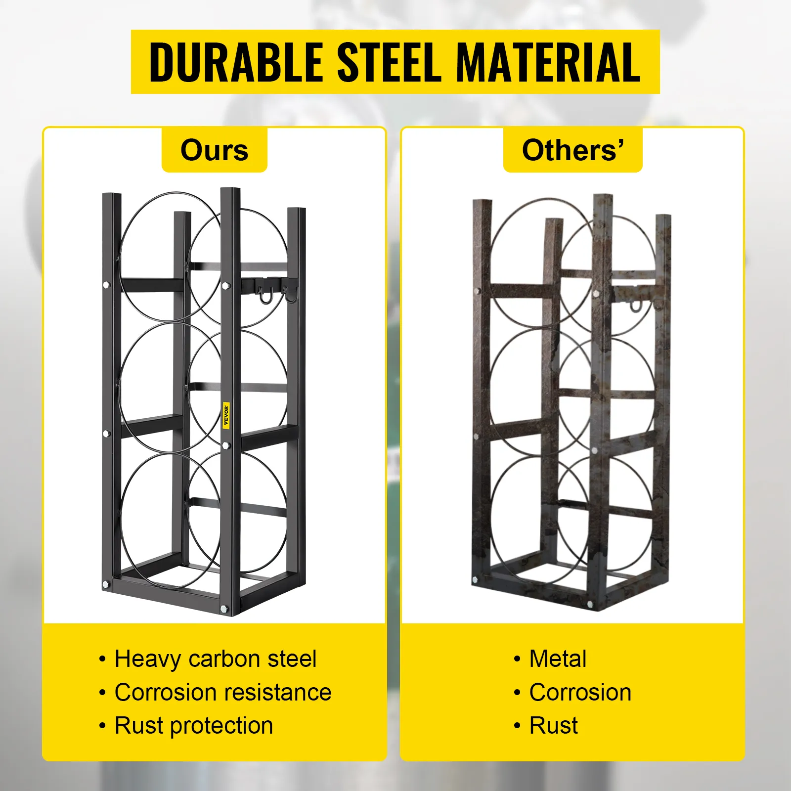 Estante para tanque de refrigerante VEVOR frente al estante oxidado de la competencia, lo que resalta la durabilidad.