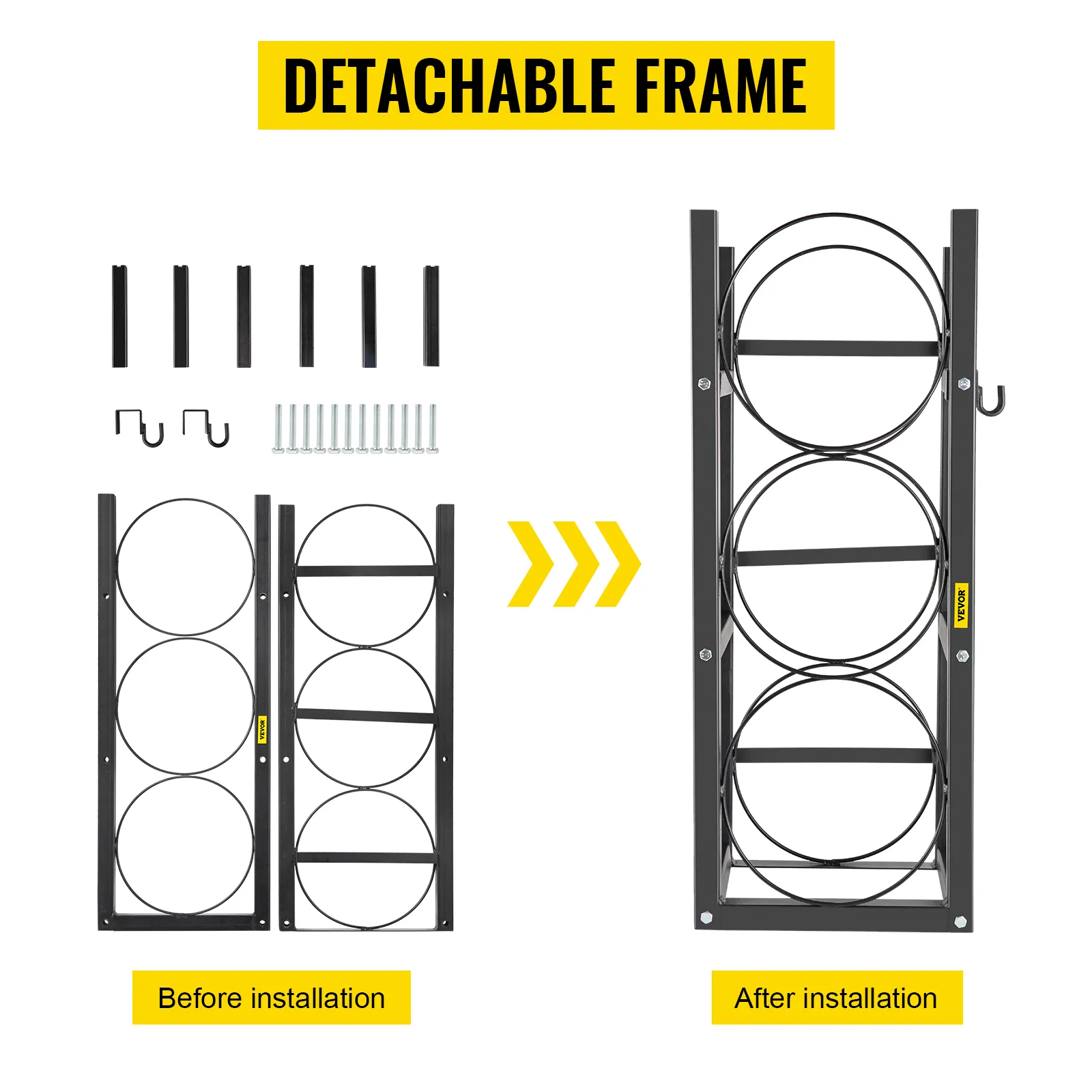 Estante para tanque de refrigerante VEVOR mostrado antes y después de la instalación; piezas de marco desmontables.