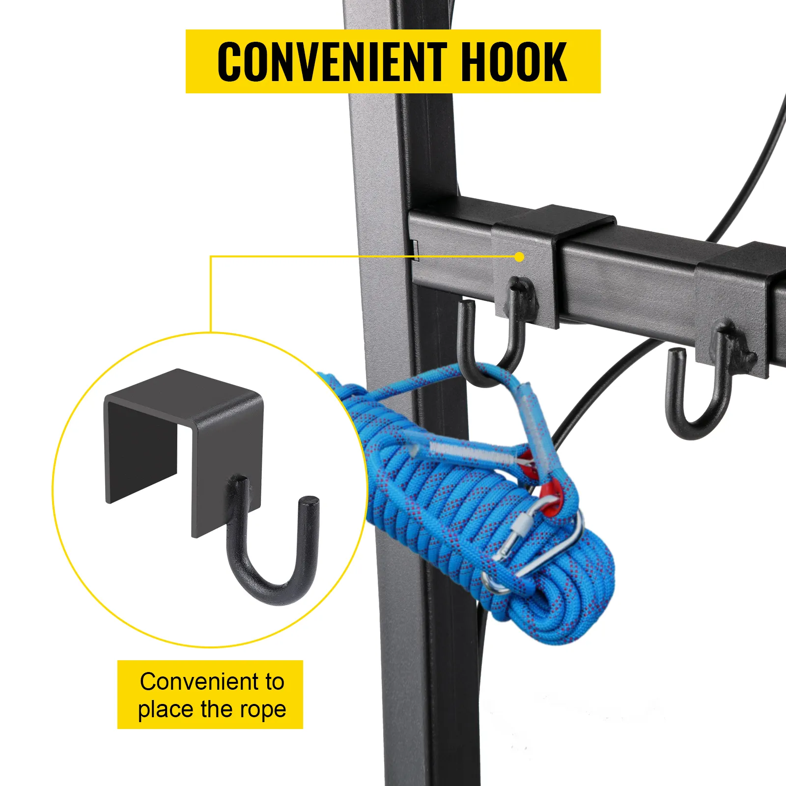 Primer plano de un gancho conveniente en el estante del tanque de refrigerante VEVOR con una cuerda azul adjunta.