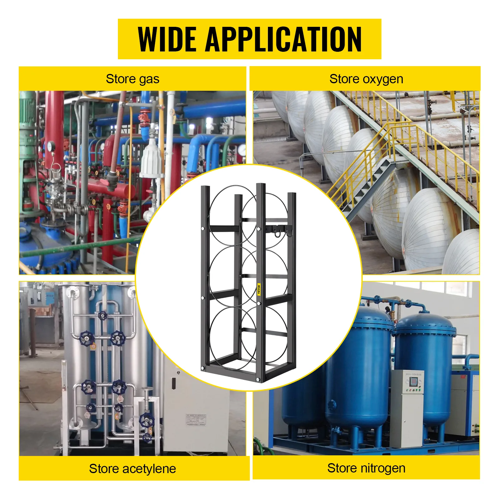 Estante para tanques de refrigerante VEVOR que almacena gas, oxígeno, acetileno y nitrógeno en diversas configuraciones.