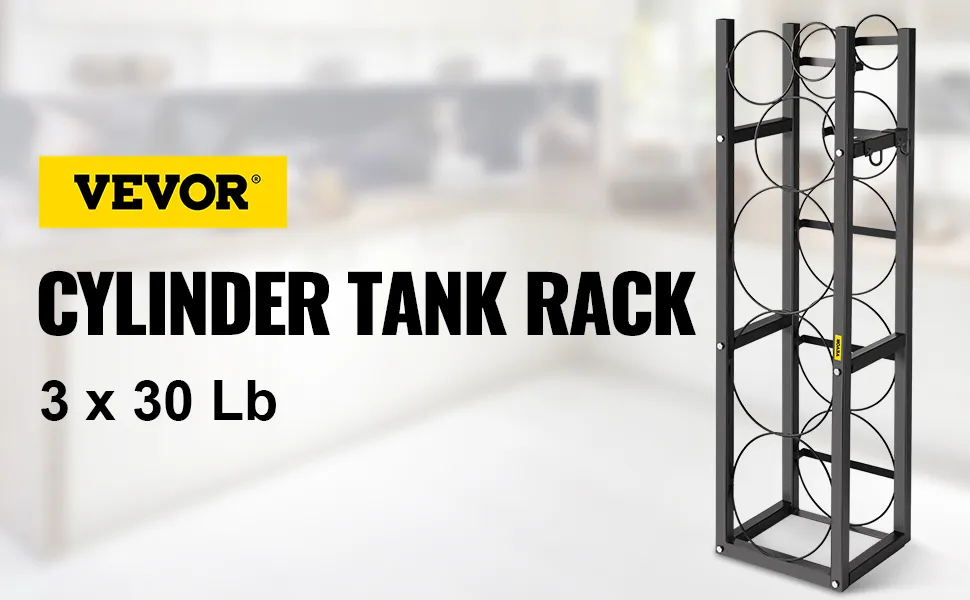 VEVOR refrigerant cylinder rack for 3 x 30 lb tanks in a kitchen setting.