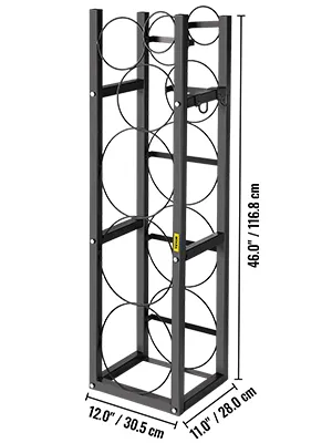 VEVOR refrigerant cylinder rack, black metal, holding three cylinders, dimensions shown.