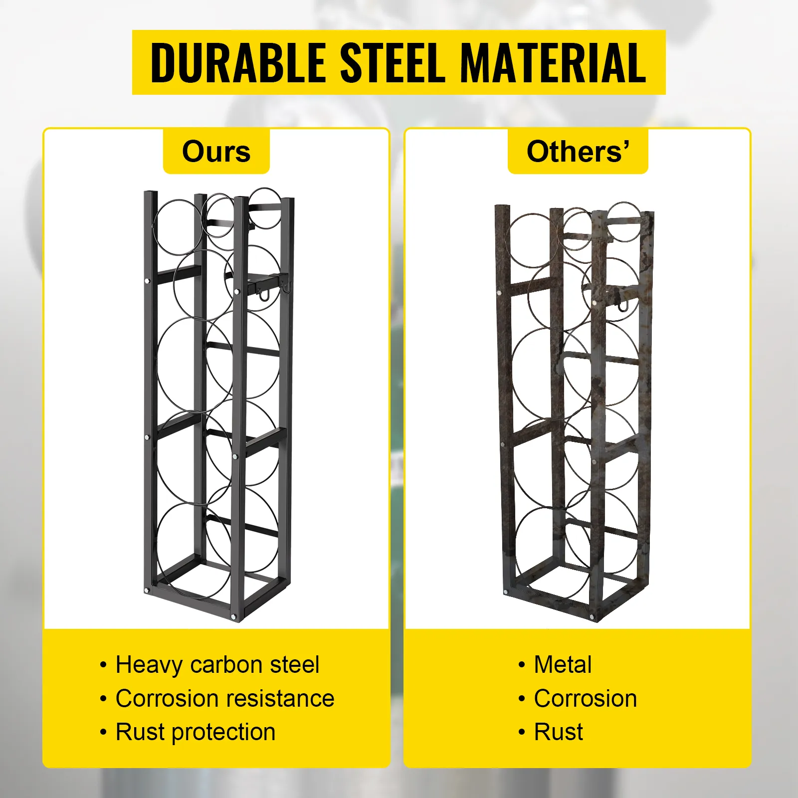VEVOR refrigerant cylinder rack made of heavy carbon steel vs. rusted metal alternative.