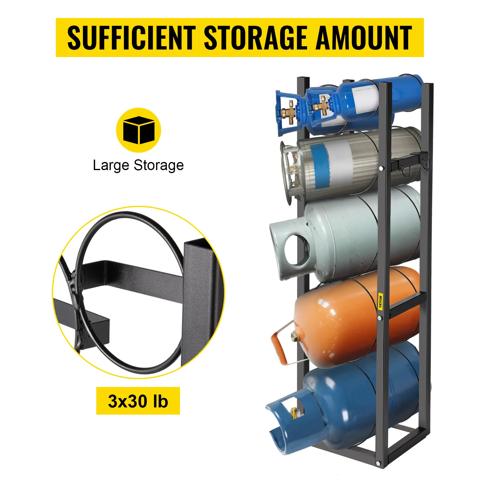 VEVOR refrigerant cylinder rack with large storage capacity for 3x30 lb cylinders.