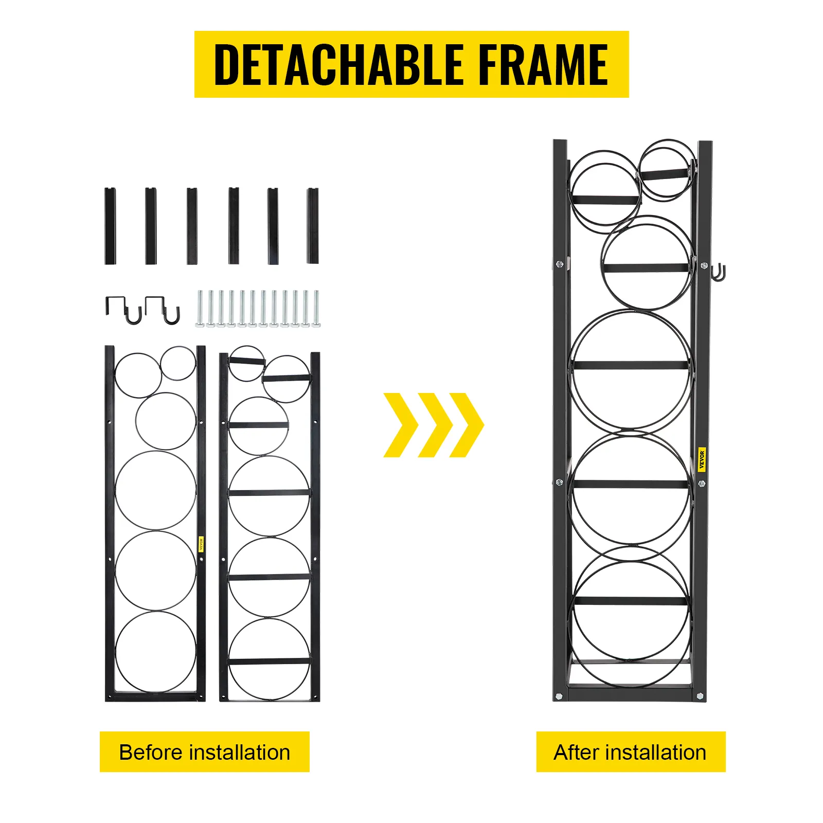VEVOR refrigerant cylinder rack assembly with detachable frame before and after installation.