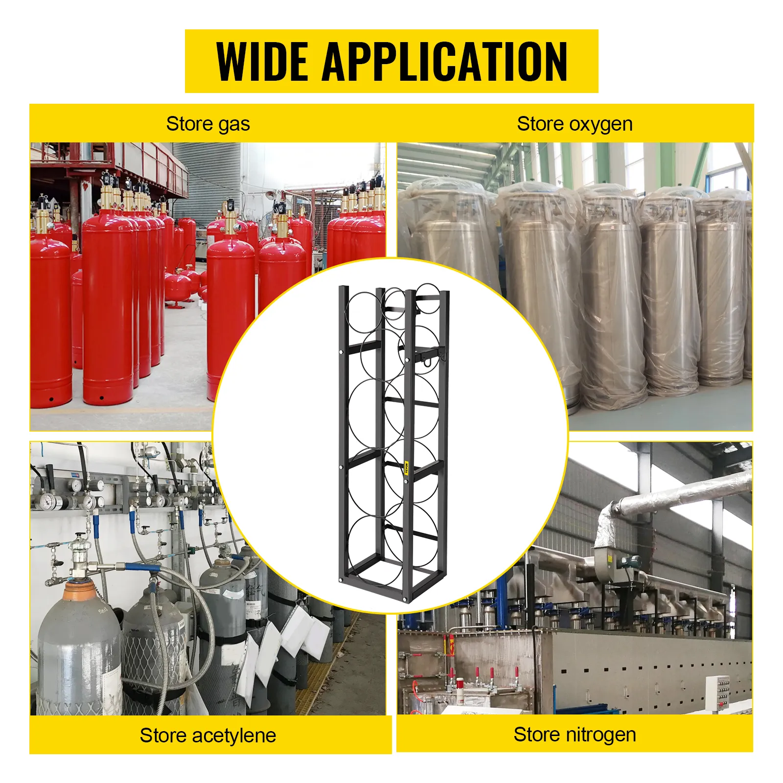VEVOR refrigerant cylinder rack for storing gas, oxygen, acetylene, and nitrogen.