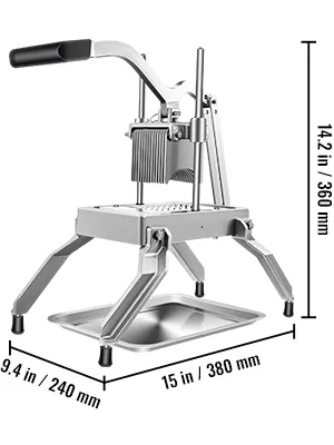 VEVOR Gemüsewürfelschneider, Edelstahl mit Griff, Maße in mm/Zoll angegeben.