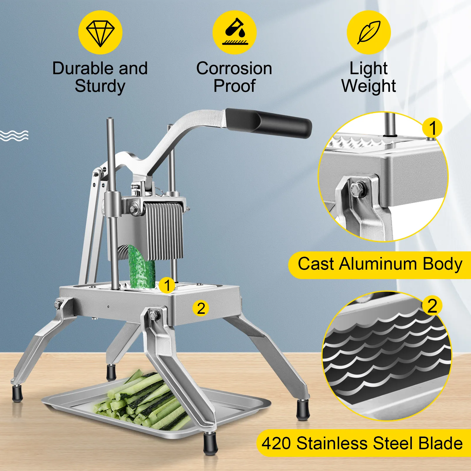 VEVOR Gemüsewürfelschneider mit Gehäuse aus Aluminiumguss und Klinge aus 420er Edelstahl.
