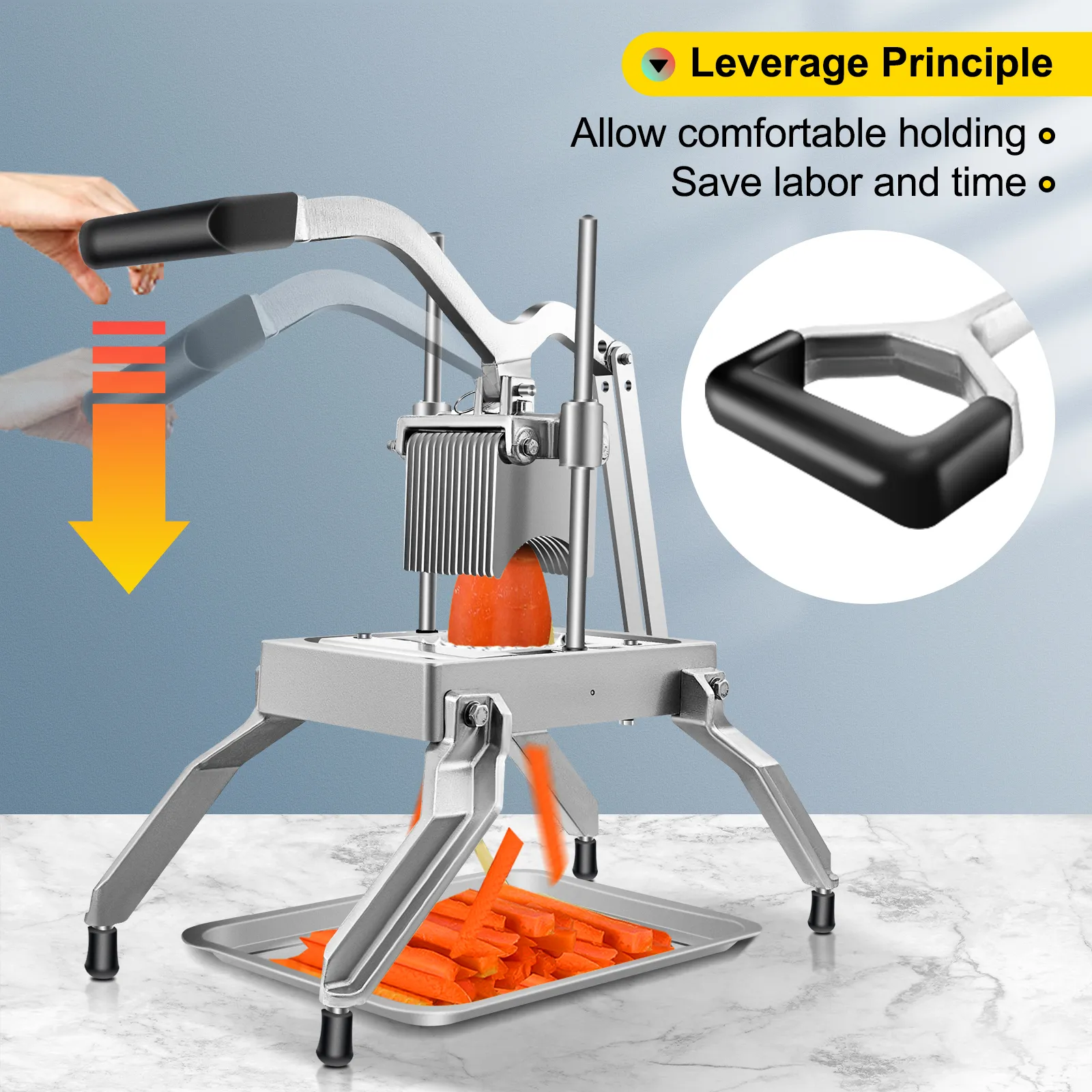 VEVOR Gemüsewürfelschneider im Einsatz, Karottenschneiden mit Hebelprinzip für müheloses Würfeln.