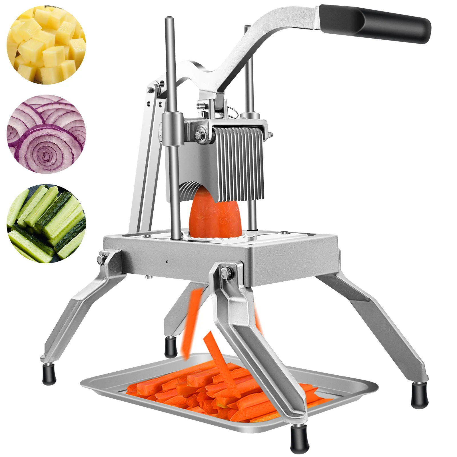 Cortadora de verduras VEVOR que corta zanahorias con mecanismos de corte en cubitos y bandejas de verduras cortadas en cubitos.