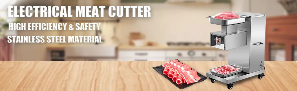 Kommerzielle Fleischschneidemaschine von VEVOR auf einer Arbeitsplatte mit Tabletts mit geschnittenem Fleisch in einer Küche.