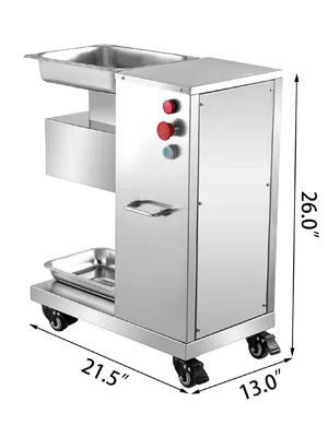 Kommerzielle Fleischschneidemaschine von VEVOR mit Gehäuse aus Edelstahl und den Abmessungen 26 x 21,5 x 13 Zoll.