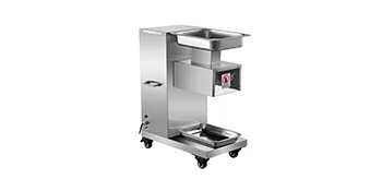 Kommerzielle Fleischschneidemaschine von VEVOR aus Edelstahl mit zwei Tabletts und Sicherheitsschalter.