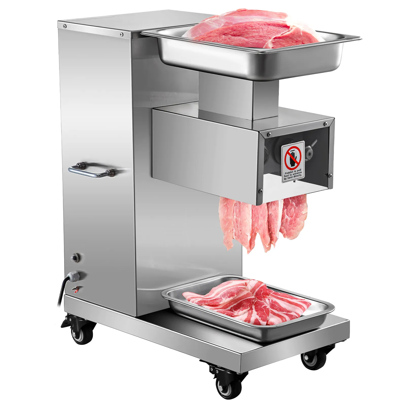 Die kommerzielle Fleischschneidemaschine von VEVOR schneidet frisches Fleisch in eine Edelstahlschale.