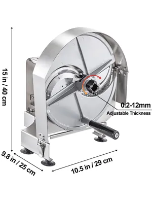 Cortadora de verduras comercial VEVOR con grosor ajustable de 0,2 a 12 mm, dimensiones 15 x 10,5 x 9,8 pulgadas.
