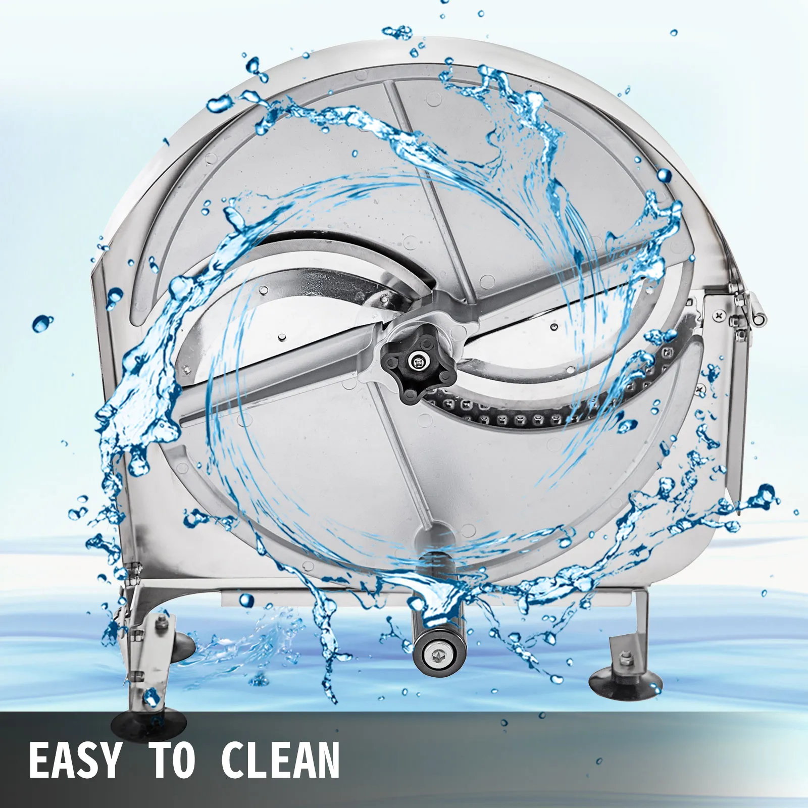 Cortadora de verduras comercial VEVOR con protección contra salpicaduras de agua, etiquetada como "fácil de limpiar".