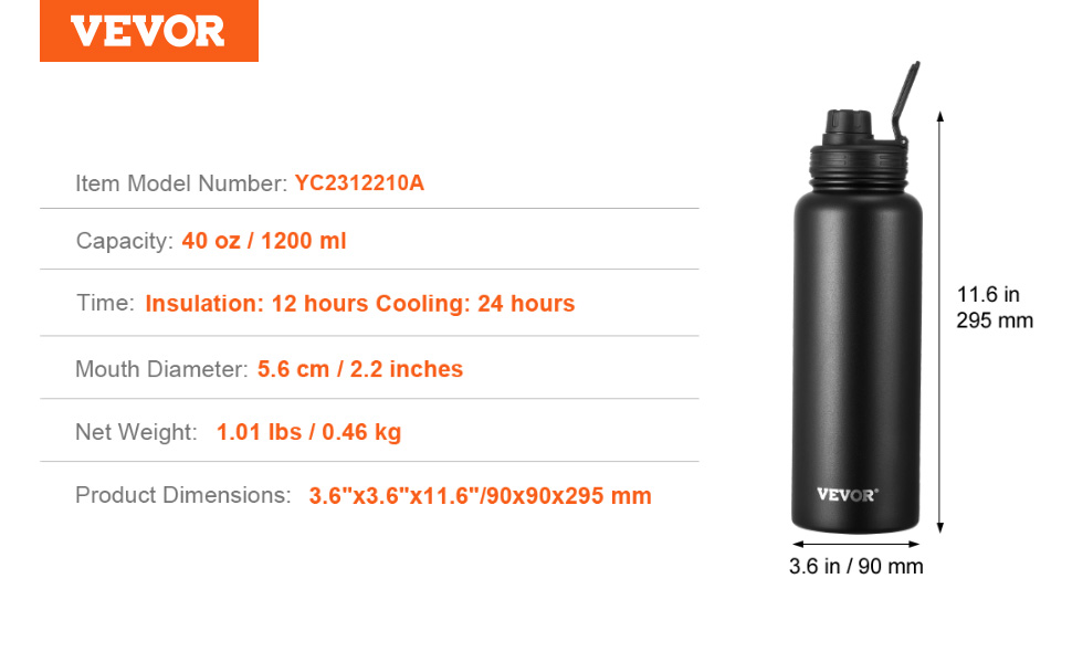 40 oz Insulated Water Bottle Stainless Steel with Wide Mouth