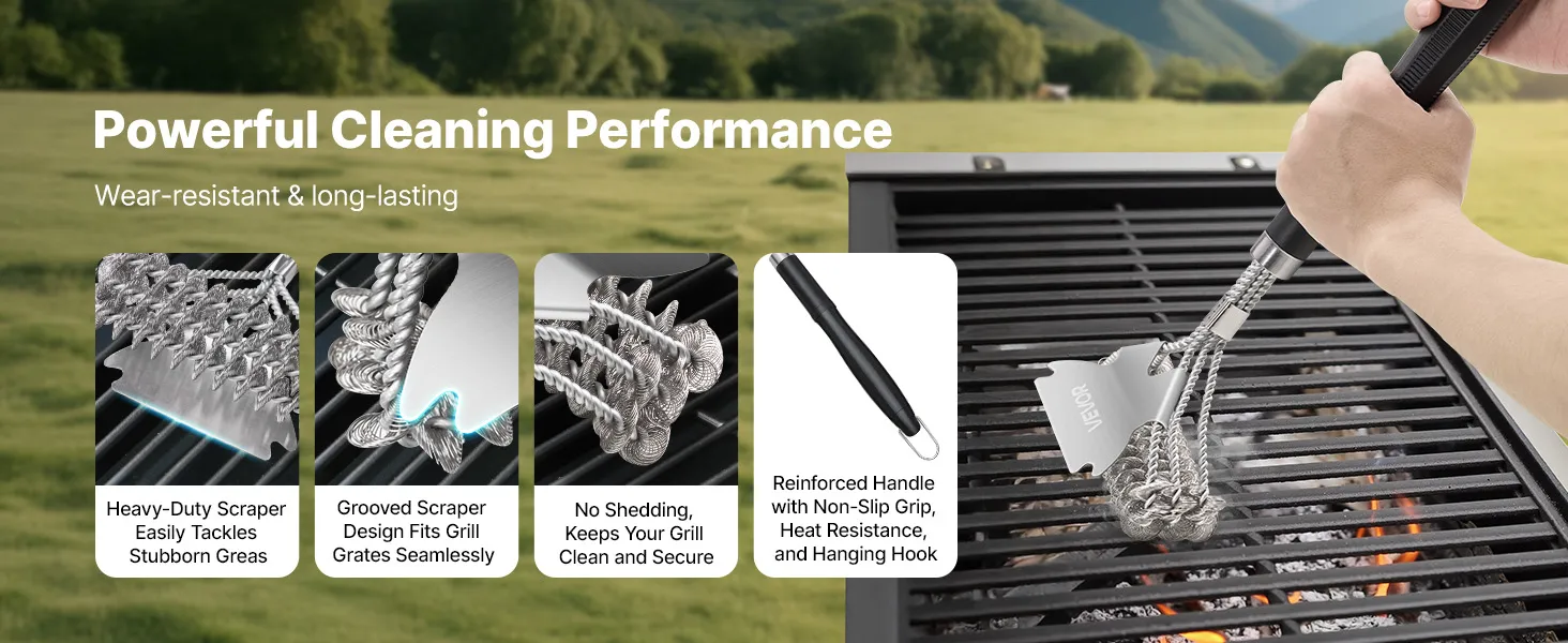 VEVOR Grill Brush and Scraper, BBQ Brush for Outdoor Grills, Stainless Steel Woven Wire, Bristle Free Barbecue Brushes for Porcelain, Charcoal, Grate Cleaner Grill Accessories, 17 in