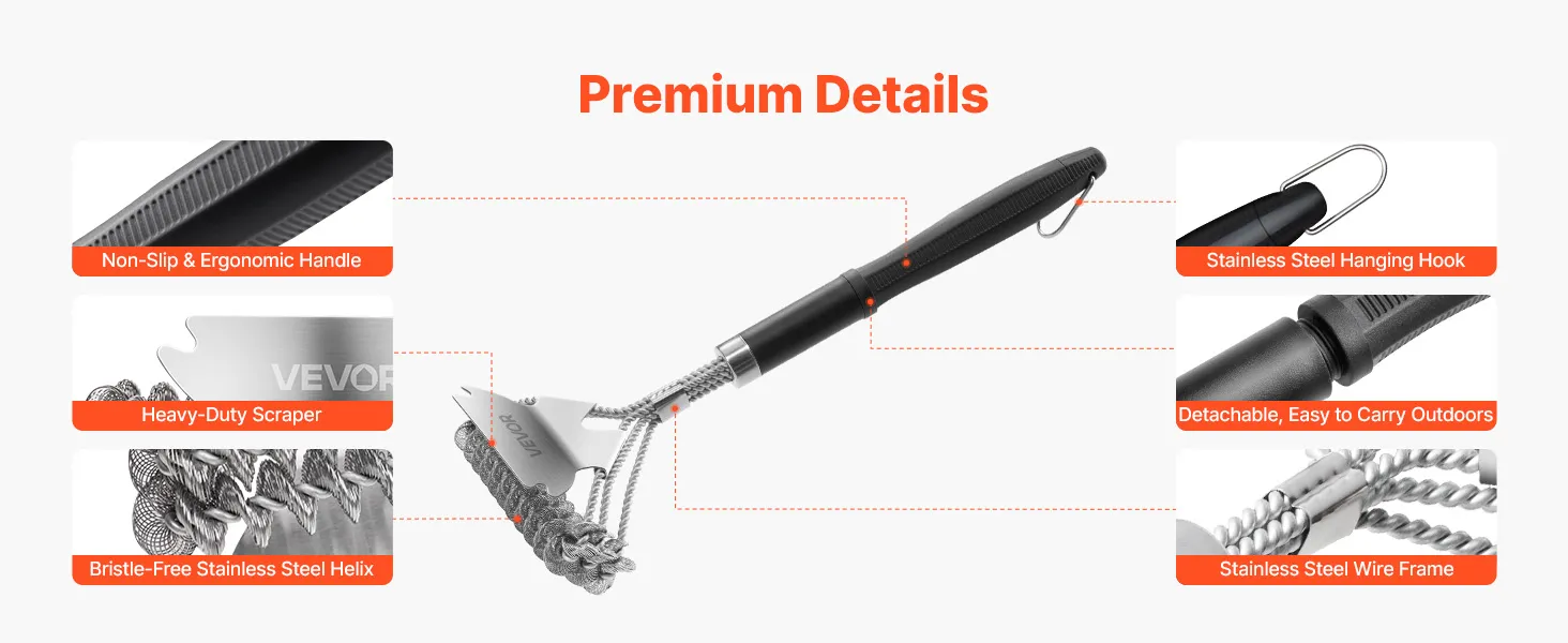 VEVOR Grill Brush and Scraper, BBQ Brush for Outdoor Grills, Stainless Steel Woven Wire, Bristle Free Barbecue Brushes for Porcelain, Charcoal, Grate Cleaner Grill Accessories, 17 in