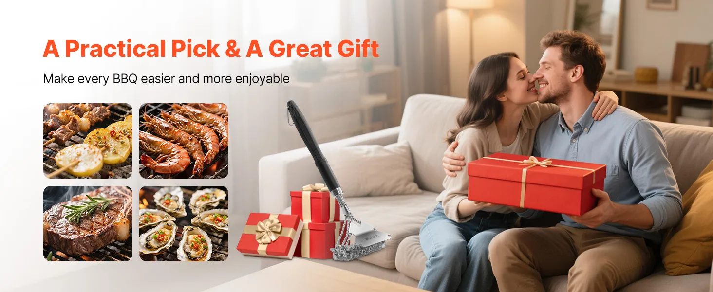 VEVOR Grill Brush and Scraper, BBQ Brush for Outdoor Grills, Stainless Steel Woven Wire, Bristle Free Barbecue Brushes for Porcelain, Charcoal, Grate Cleaner Grill Accessories, 17 in