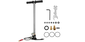 VEVOR airgun pcp pump with accessories: pressure gauge, wrench, seals, hose.