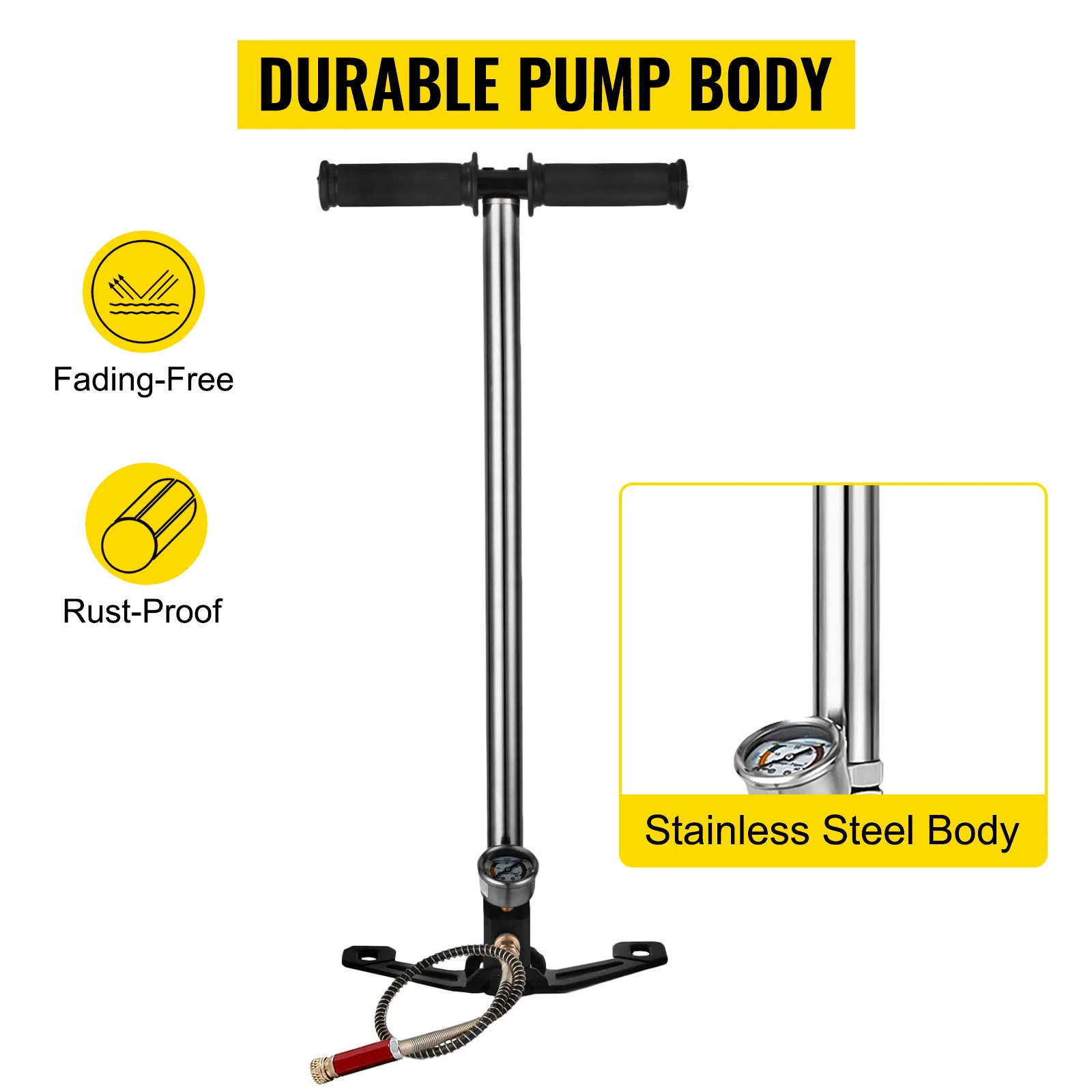 VEVOR airgun pcp pump with durable, rust-proof, fading-free stainless steel body.