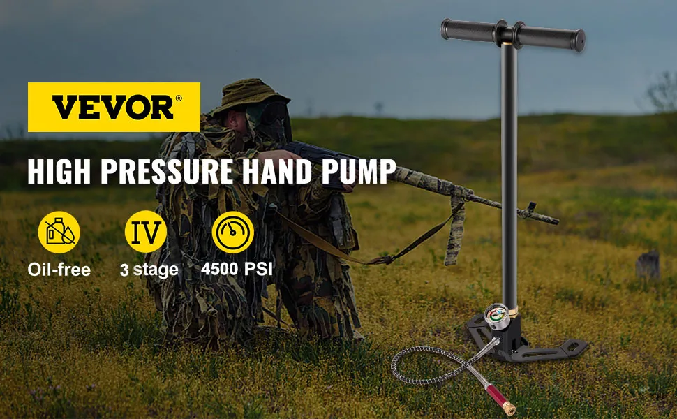 Bomba de aire PCP VEVOR: bomba manual sin aceite, de 3 etapas, 4500 psi con manómetro para uso en exteriores.