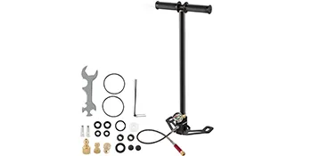 Bomba de aire PCP VEVOR con accesorios que incluyen llave, juntas y boquillas.