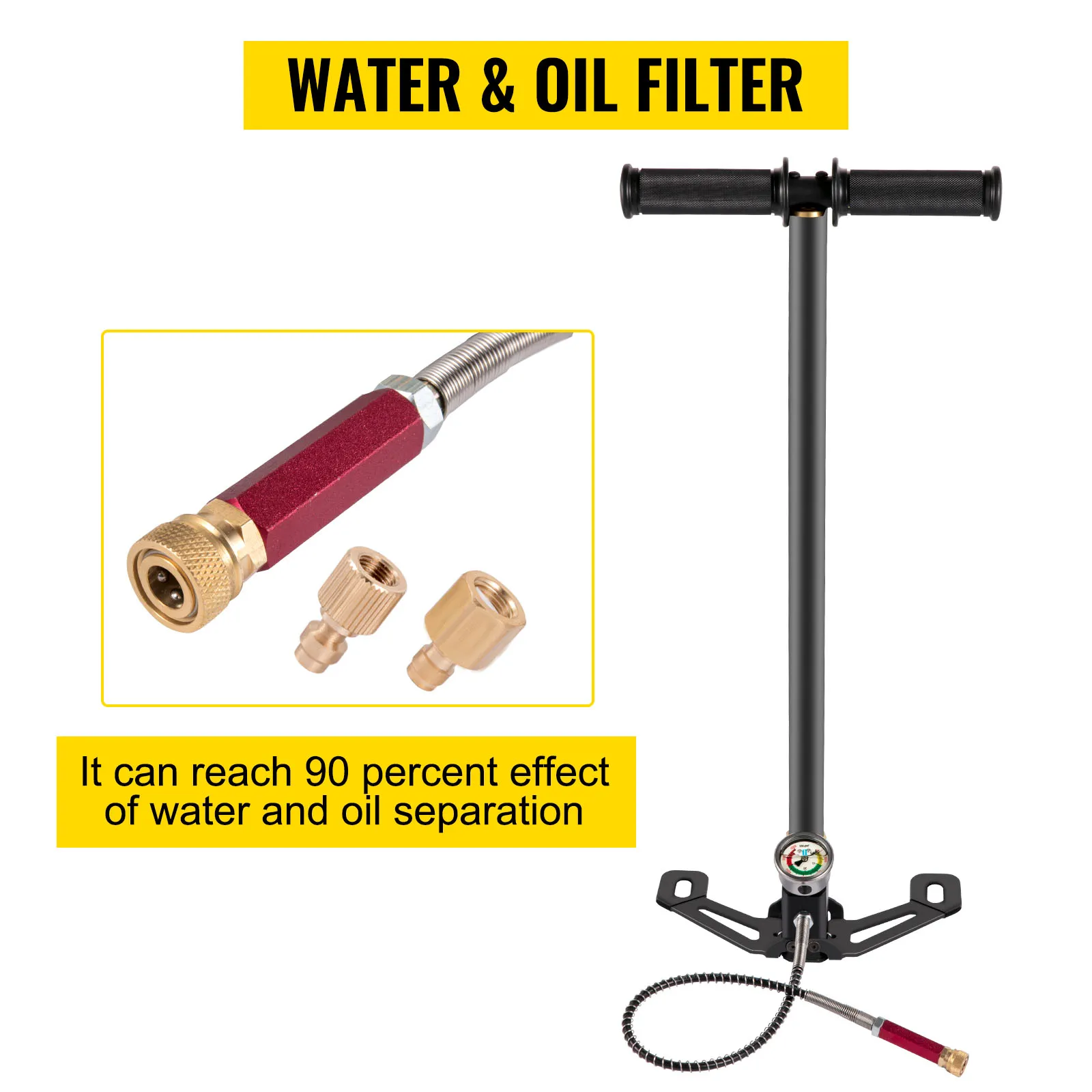 Bomba de aire pcp VEVOR con filtro de agua y aceite, logrando una eficiencia de separación del 90%.